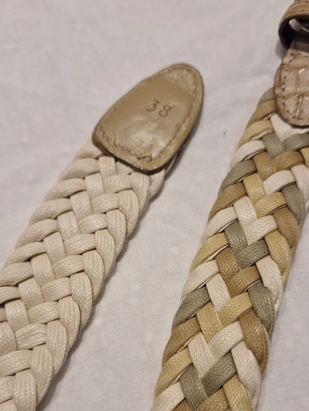 Braided Leather Weave With Solid Brass Buckle Belt - Beige White